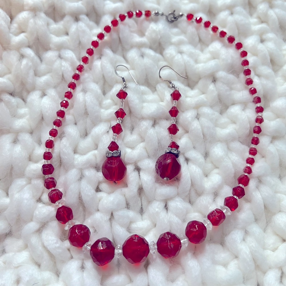 Vintage red and clear beaded necklace with matching earrings